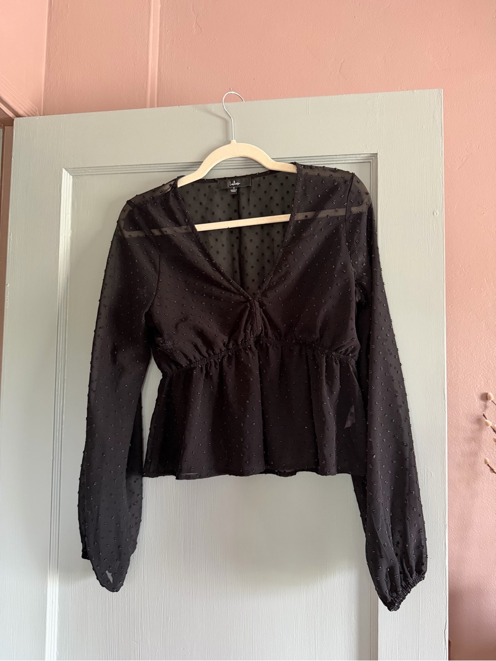 Lulu's Black Sheer Dot-Textured V-Neck Peplum Top